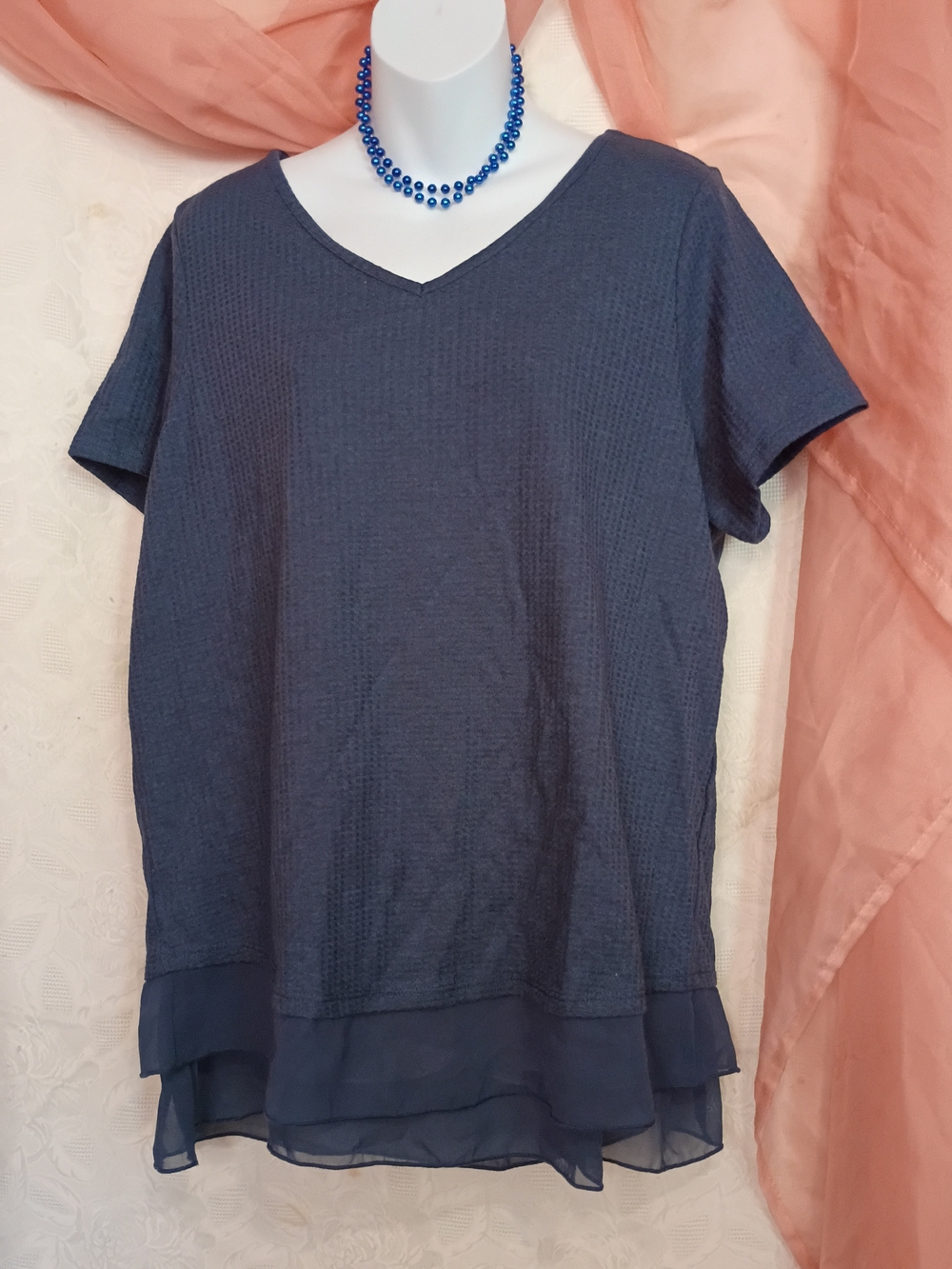 Soft Surroundings Ladies Navy Layered V-Neck Short Sleeve Blouse Sz XLP